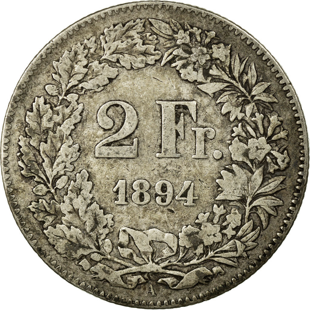Coin, Switzerland, 2 Francs, 1894, Paris, VF(20-25), Silver, KM:21