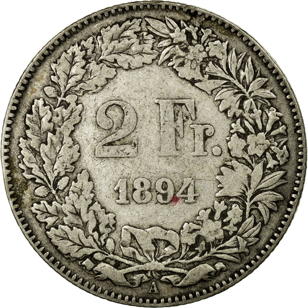 Coin, Switzerland, 2 Francs, 1894, Paris, VF(20-25), Silver, KM:21