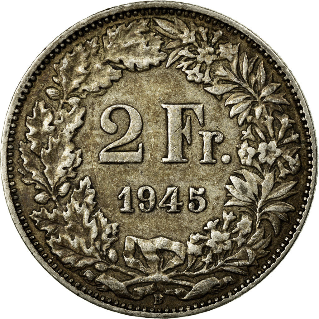 Coin, Switzerland, 2 Francs, 1945, Bern, EF(40-45), Silver, KM:21