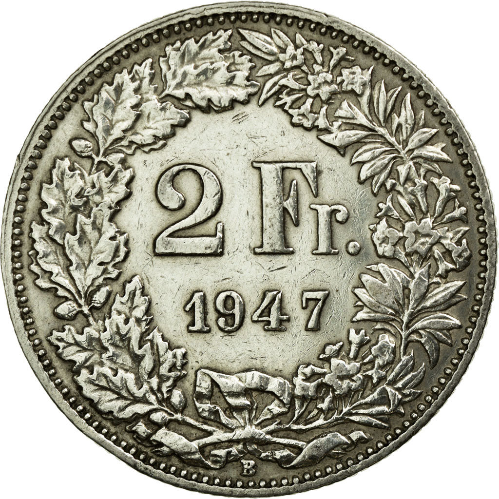 Coin, Switzerland, 2 Francs, 1947, Bern, EF(40-45), Silver, KM:21