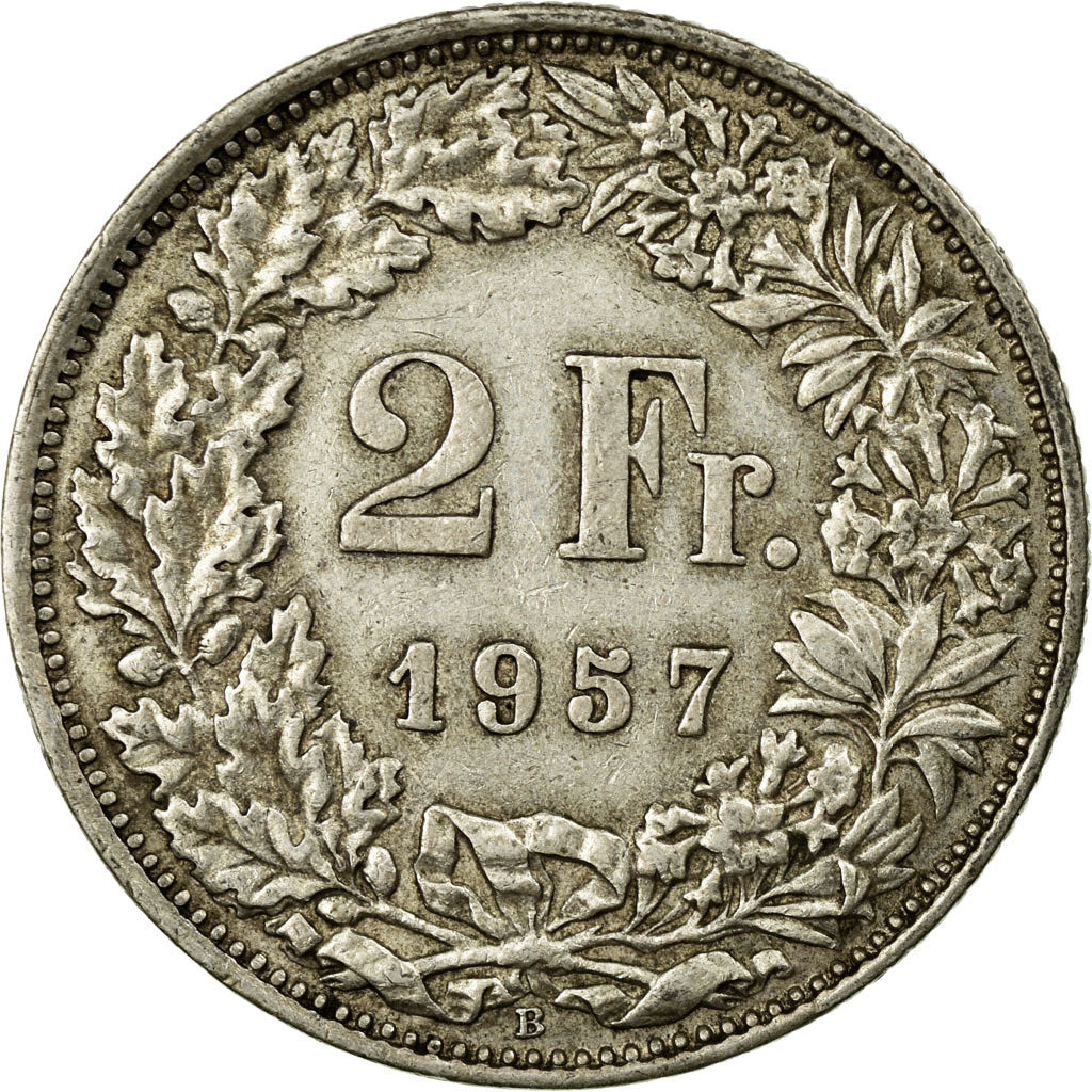 Coin, Switzerland, 2 Francs, 1957, Bern, EF(40-45), Silver, KM:21