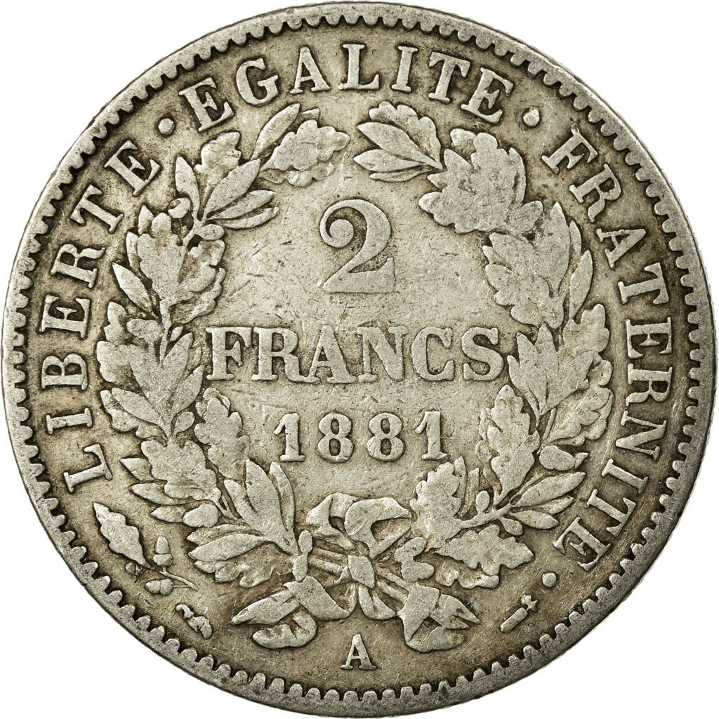 Moneta, Francia, Cérès, 2 Francs, 1881, Paris, MB, Argento, KM:817.1