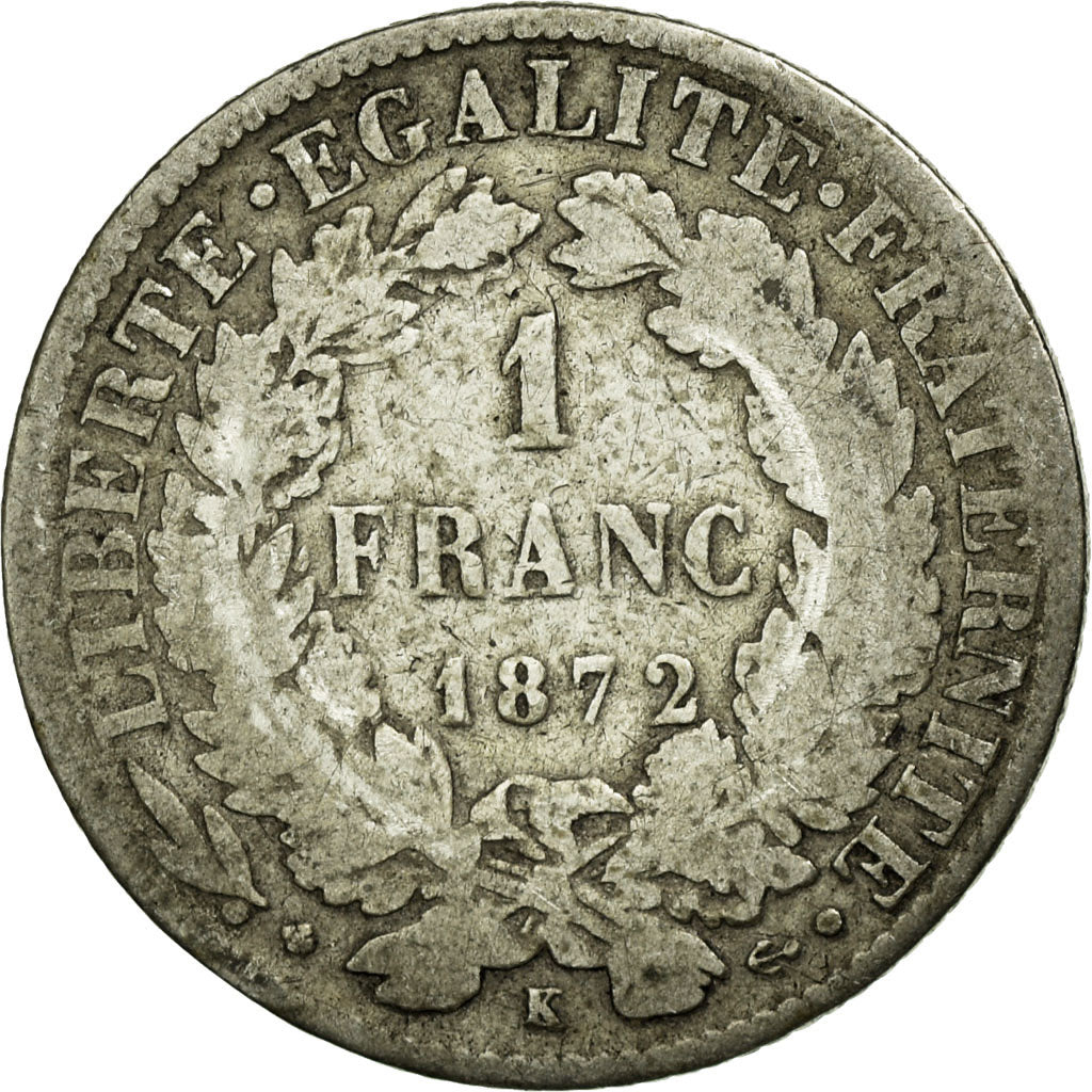 Monnaie, France, Cérès, Franc, 1872, Bordeaux, B, Argent, Gadoury:465a