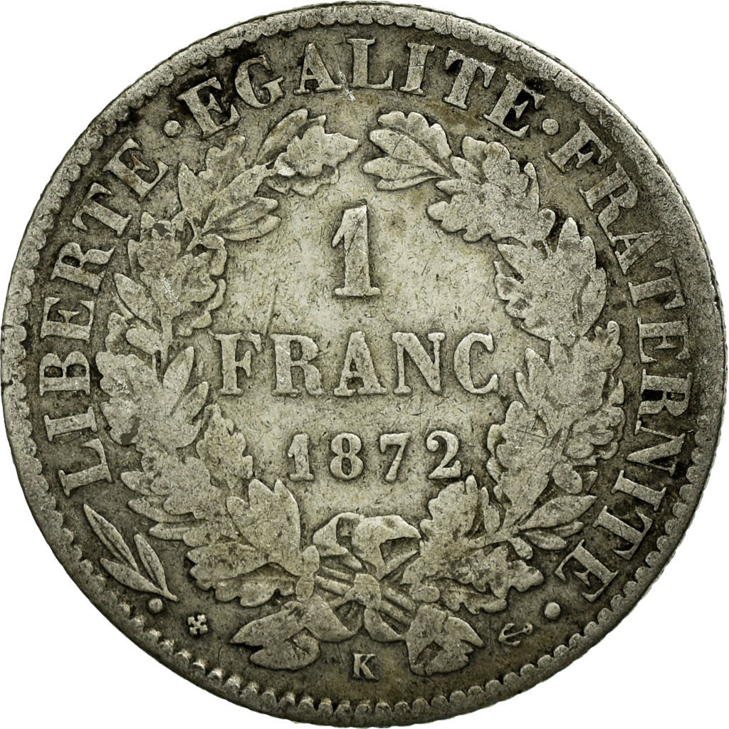 Coin, France, Cérès, Franc, 1872, Bordeaux, VF(20-25), Silver, KM:822.2
