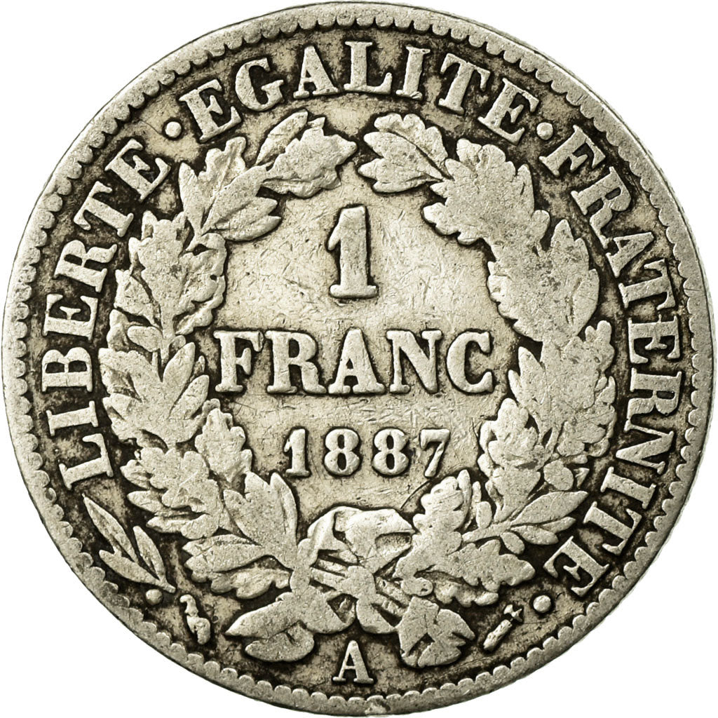 Monnaie, France, Cérès, Franc, 1887, Paris, TB, Argent, Gadoury:465a, KM:822.1