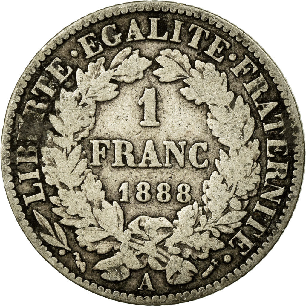 Moeda, França, Cérès, Franc, 1888, Paris, F(12-15), Prata, KM:822.1