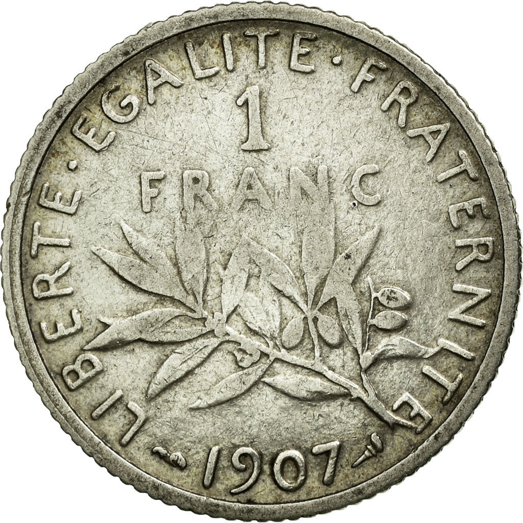 Moneta, Francia, Semeuse, Franc, 1907, Paris, MB+, Argento, KM:844.1