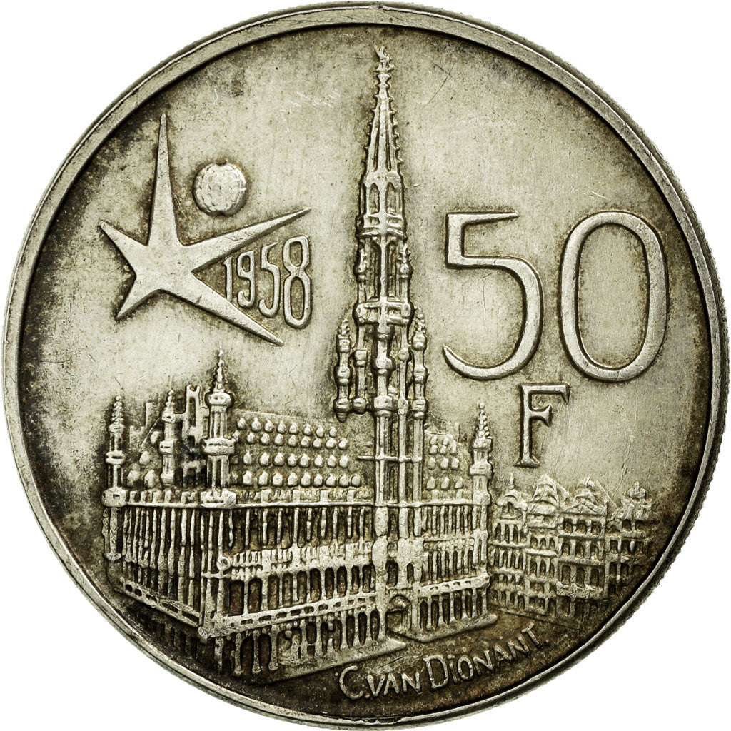 Moeda, Bélgica, 50 Francs, 50 Frank, 1958, AU(50-53), Prata, KM:150.1