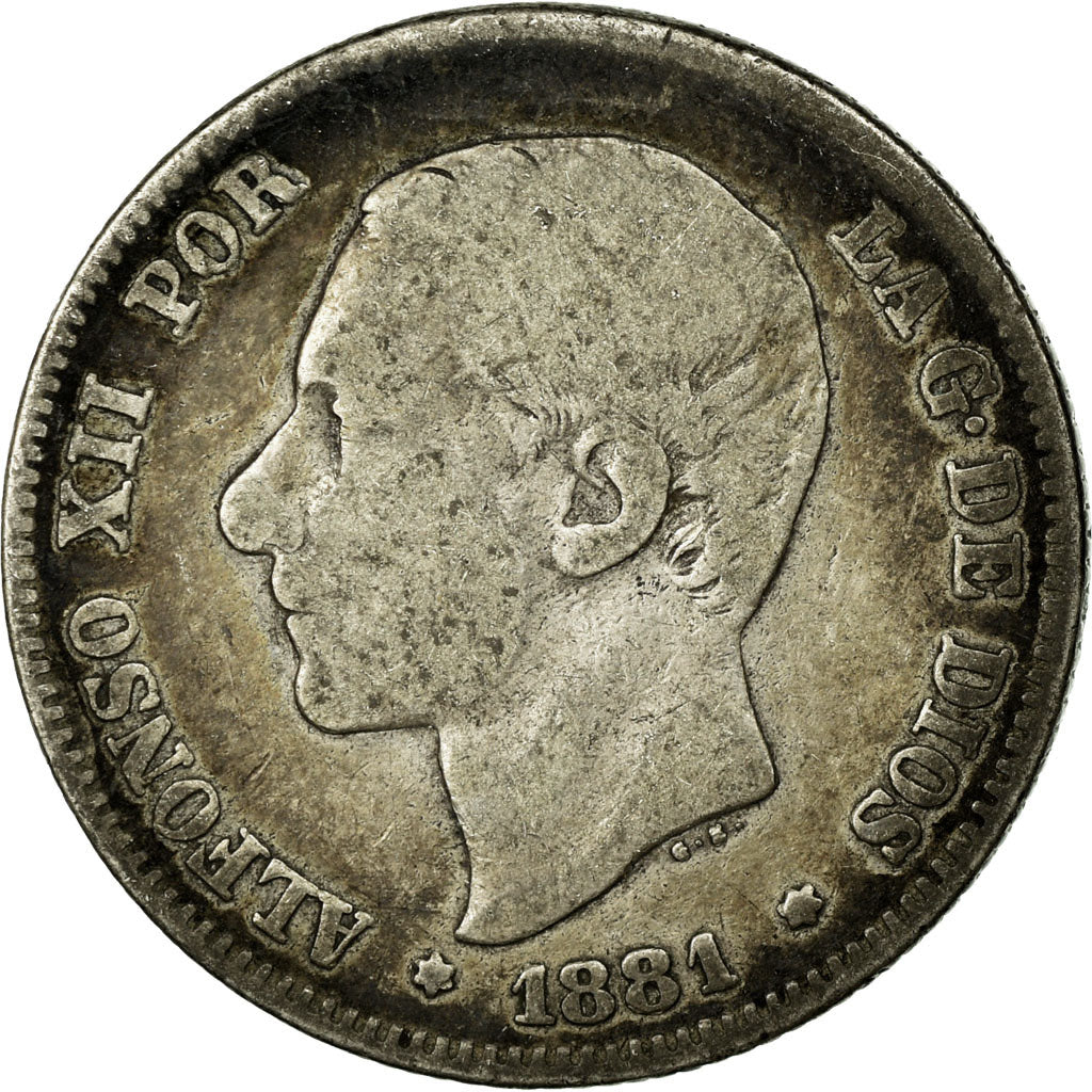 Munten, Spanje, Alfonso XII, 2 Pesetas, 1881, Madrid, ZG+, Zilver, KM:678.2