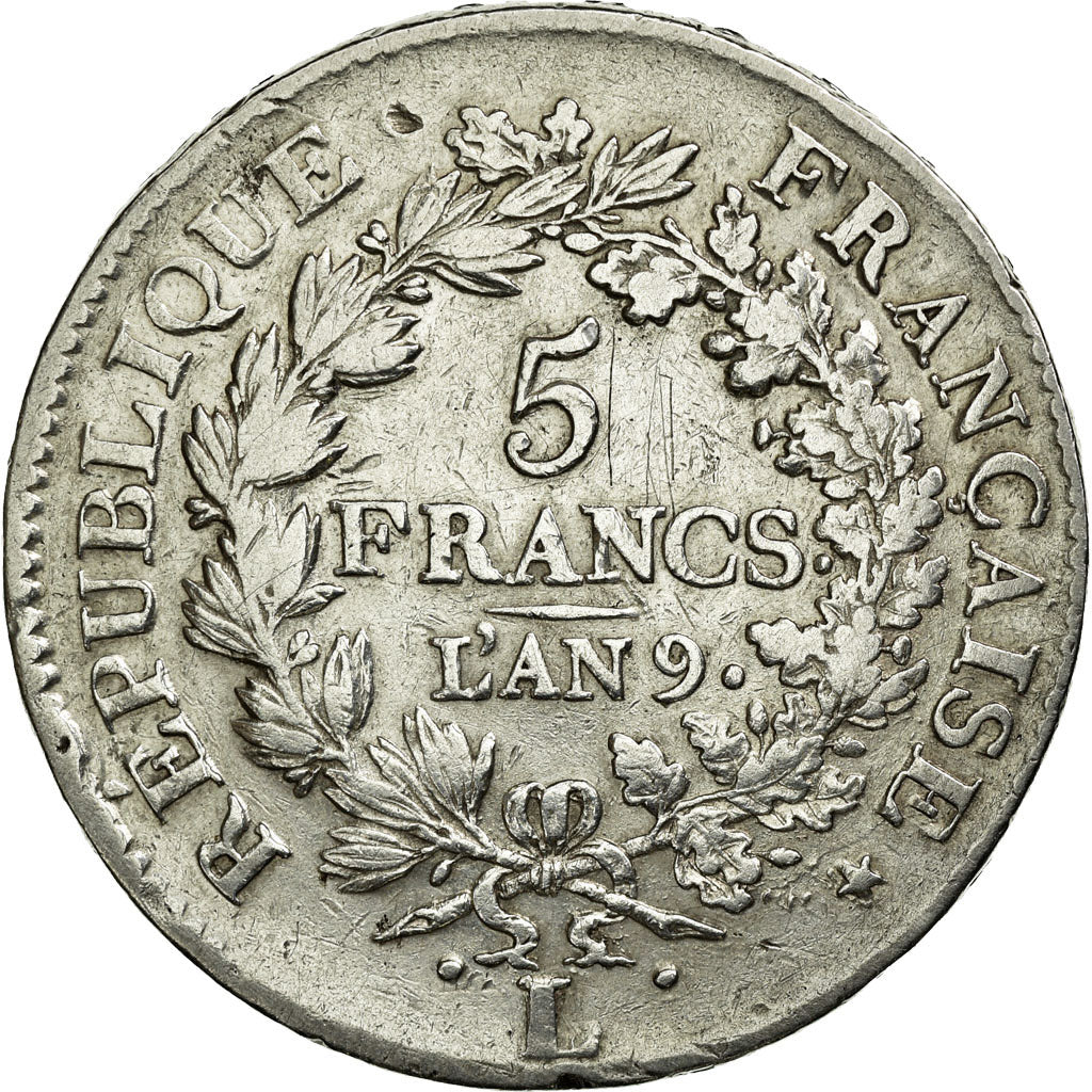 Moneta, Francia, Union et Force, 5 Francs, AN 9, Bayonne, MB+, Argento