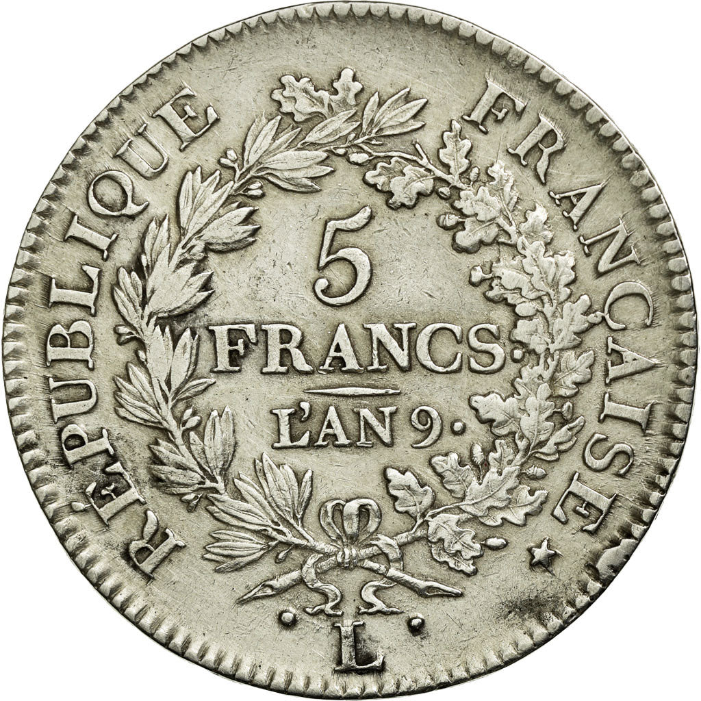 Moneta, Francia, Union et Force, 5 Francs, AN 9, Bayonne, BB, Argento, KM:639.6