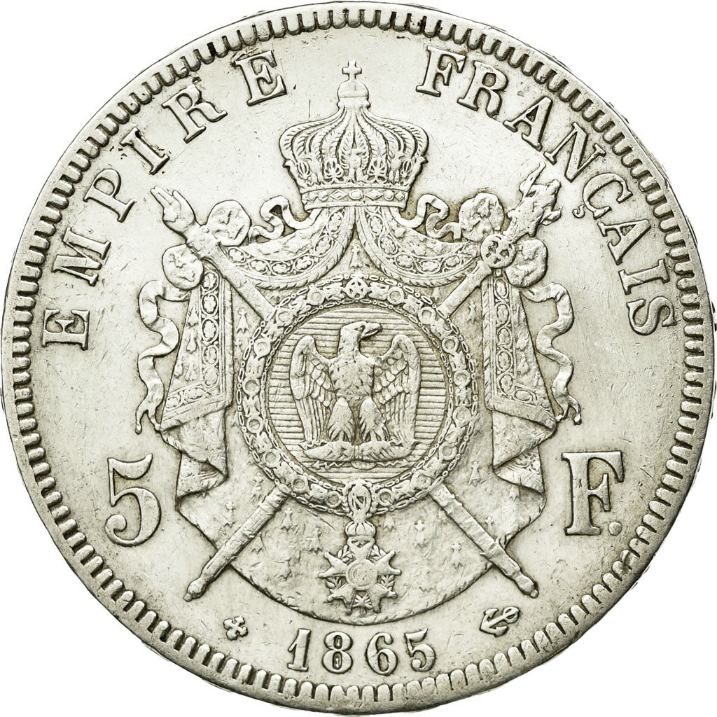 Moeda, França, Napoléon III, 5 Francs, 1865, Strasbourg, EF(40-45), KM 799.2