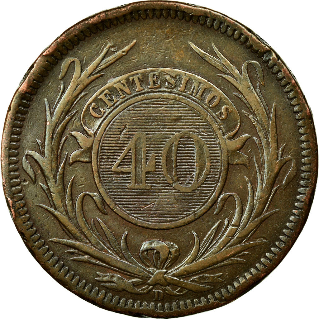 Coin, Uruguay, 40 Centesimos, 1857, Lyon, France, EF(40-45), Copper, KM:10