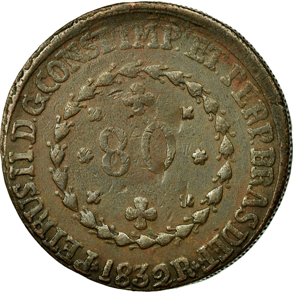 Coin, Brazil, Pedro II, 80 Reis, 1832, Rio de Janeiro, EF(40-45), Copper, KM:379