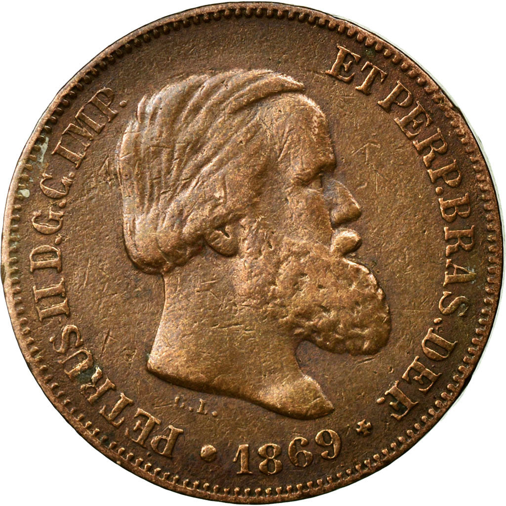 Coin, Brazil, Pedro II, 10 Reis, 1869, EF(40-45), Bronze, KM:473