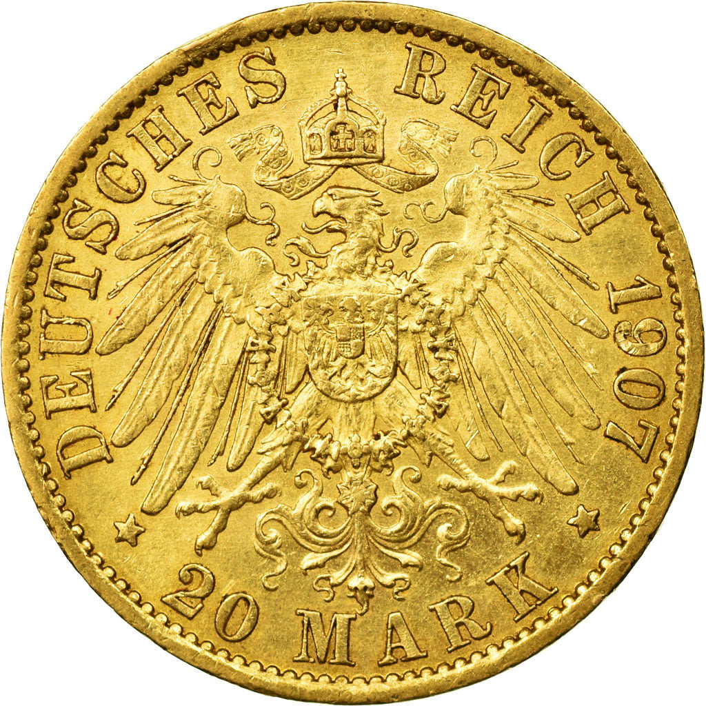 Moneta, Stati tedeschi, PRUSSIA, Wilhelm II, 20 Mark, 1907, Berlin, BB+, Oro