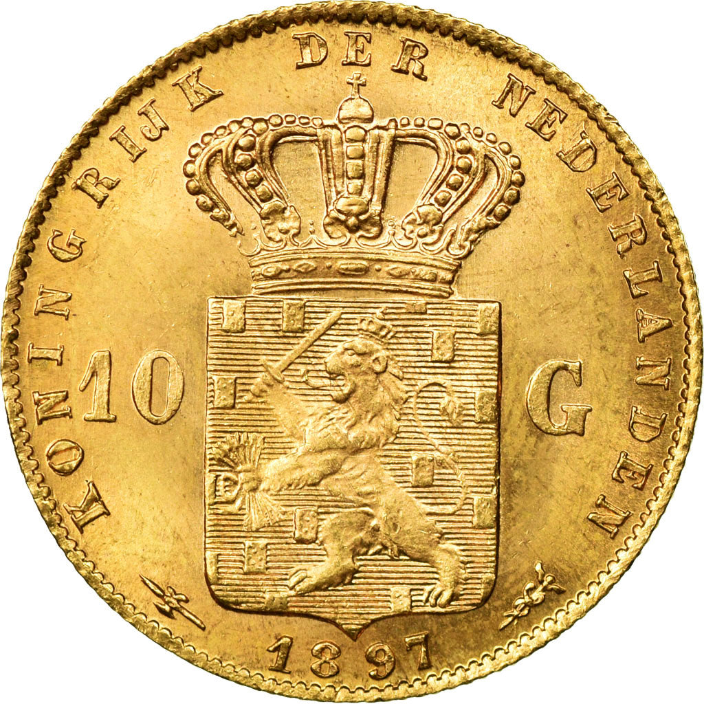 Coin, Netherlands, Wilhelmina I, 10 Gulden, 1897, AU(55-58), Gold, KM:118