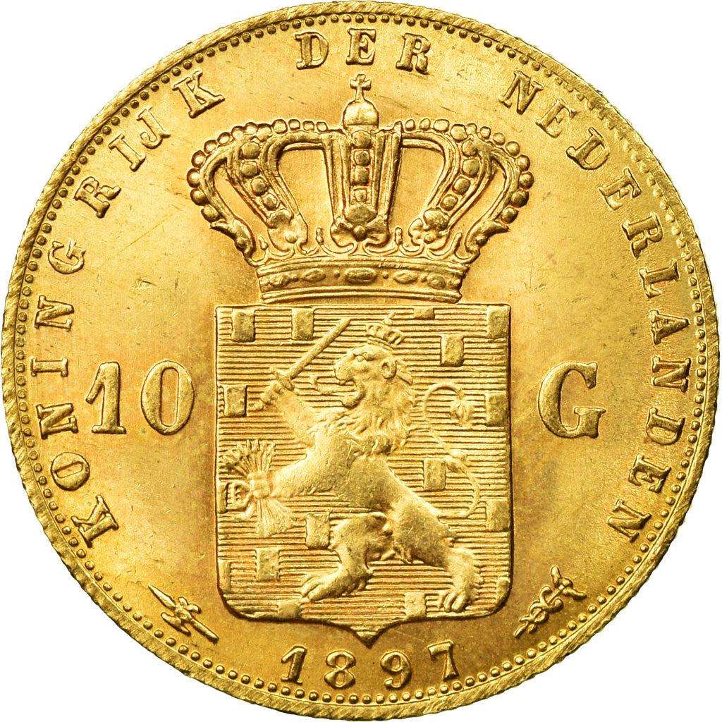 Coin, Netherlands, Wilhelmina I, 10 Gulden, 1897, AU(55-58), Gold, KM:118