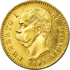 Moeda, Itália, Umberto I, 20 Lire, 1891, Rome, AU(55-58), Dourado, KM:21