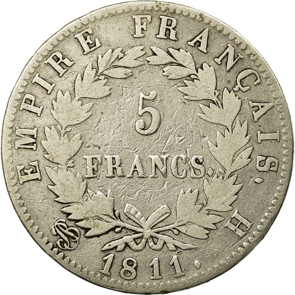 Moneda, Francia, Napoléon I, 5 Francs, 1811, La Rochelle, BC+, Plata, KM:694.6