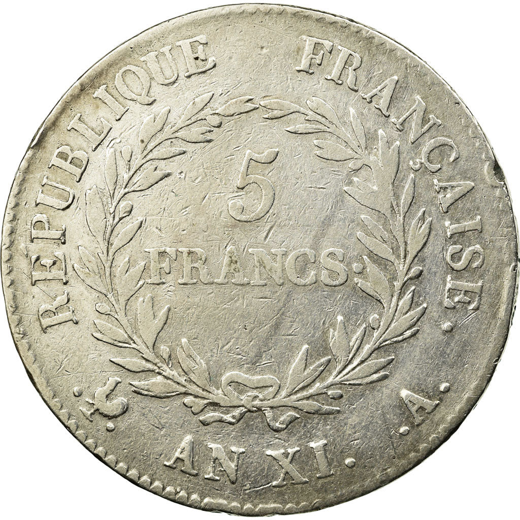 Moeda, França, 5 Francs, An XI, Paris, VF(20-25), Prata, KM:650.1, Gadoury:577