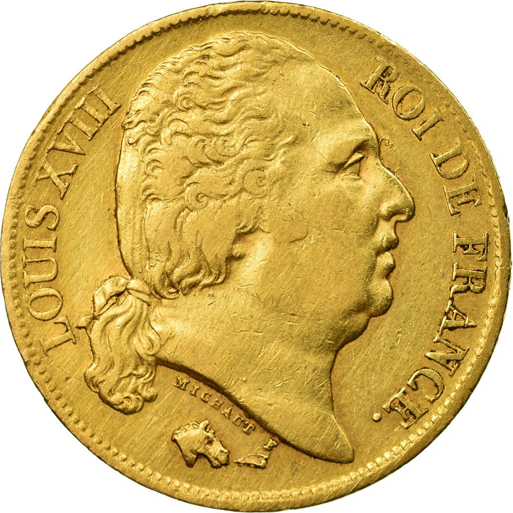 Moneda, Francia, Louis XVIII, 20 Francs, 1824, Paris, MBC, Oro, KM 712.1