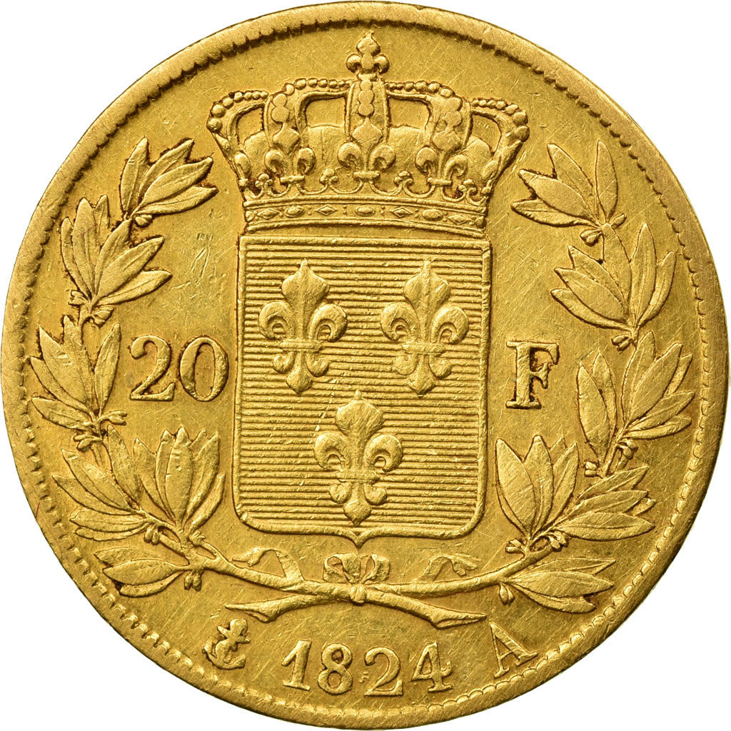 Moneda, Francia, Louis XVIII, 20 Francs, 1824, Paris, MBC, Oro, KM 712.1