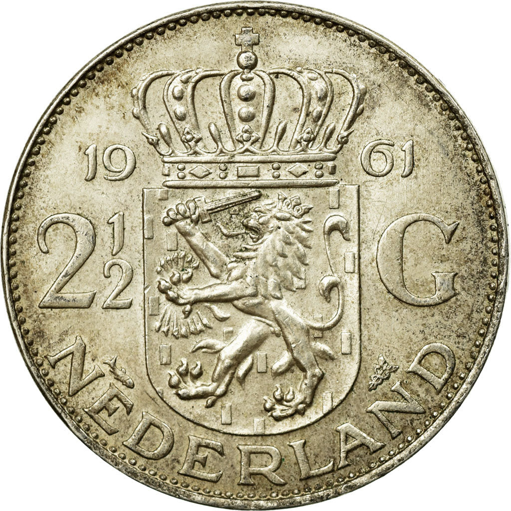 Coin, Netherlands, Juliana, 2-1/2 Gulden, 1961, AU(55-58), Silver, KM:185