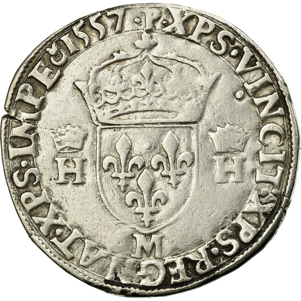 Moeda, França, Henri II, Henri II, Teston, 1557, Toulouse, VF(20-25), Prata