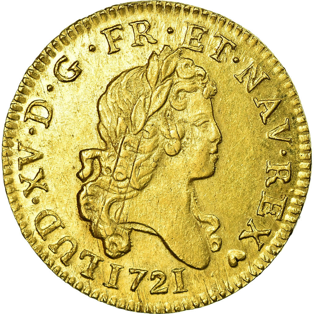 Moeda, França, Louis XV, Louis d'or aux 2 L, 1721, Strasbourg, KM 461.4