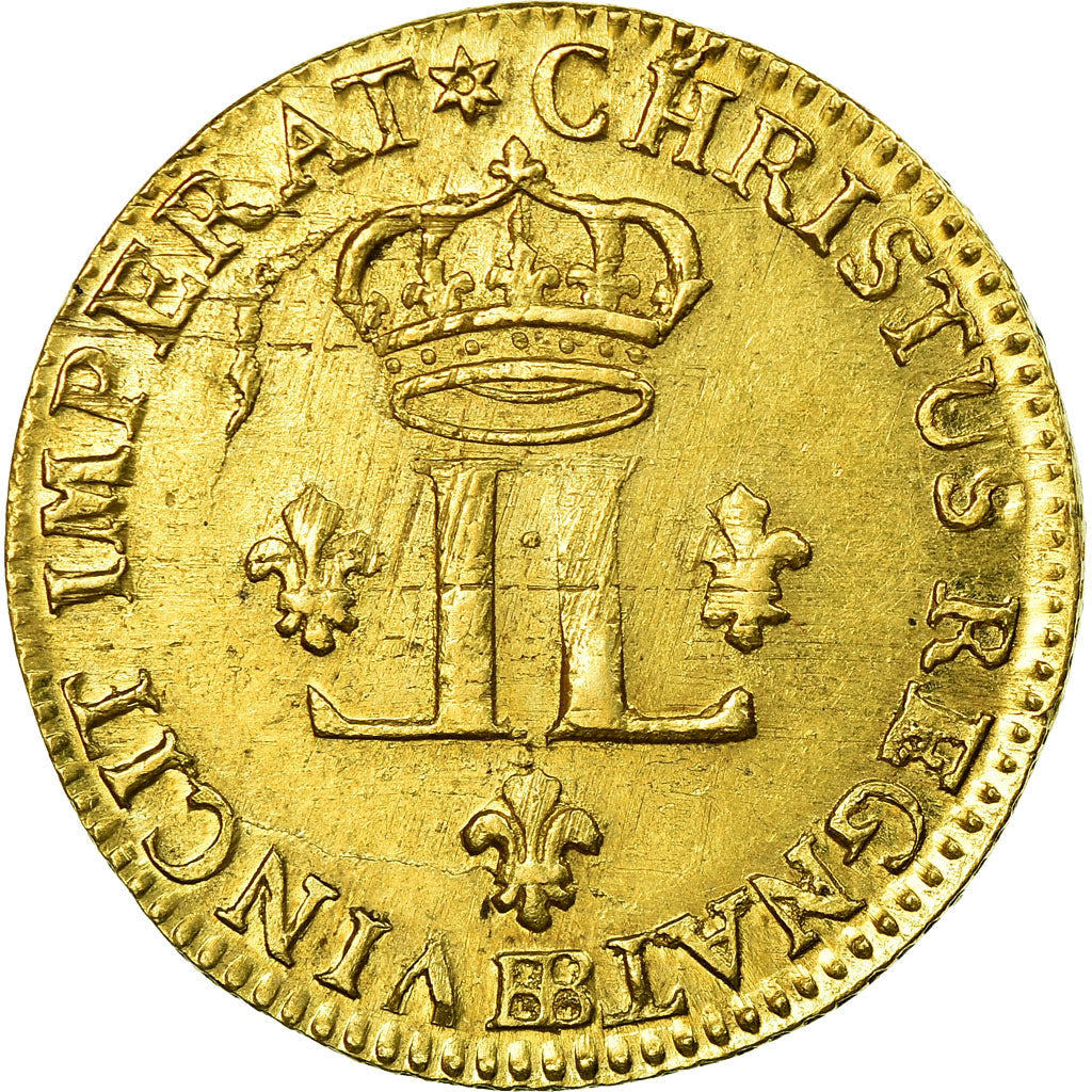 Moeda, França, Louis XV, Louis d'or aux 2 L, 1721, Strasbourg, KM 461.4