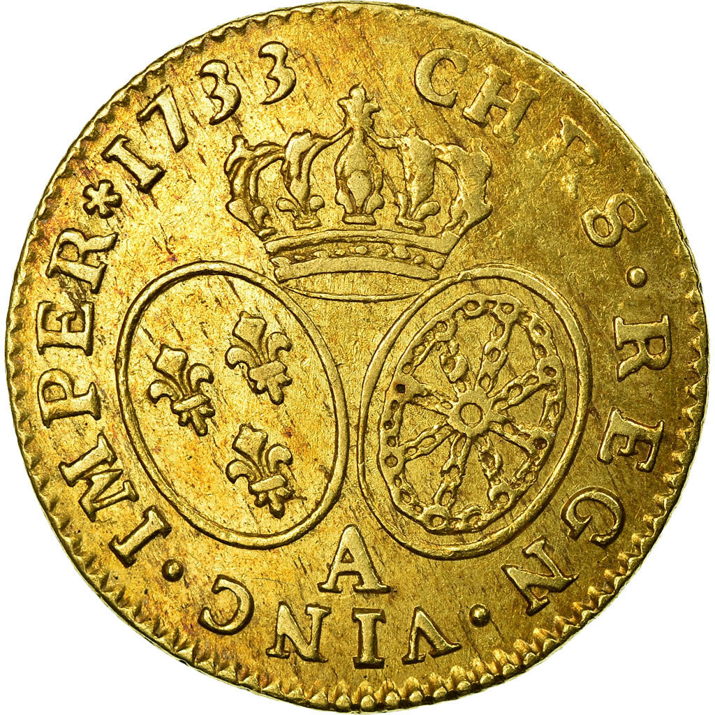 Moeda, França, Louis XV, Louis d'or aux lunettes, 1733, Paris, KM 489.1