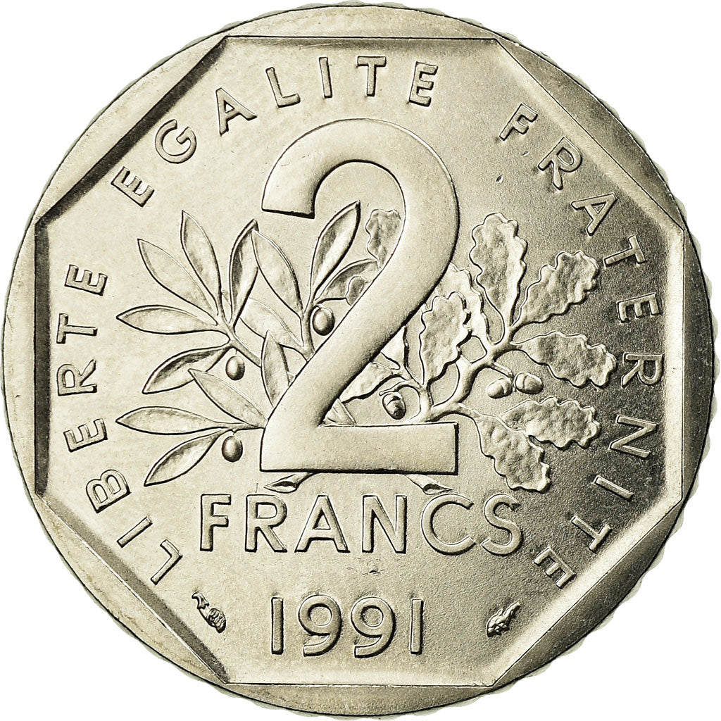 Coin, France, Semeuse, 2 Francs, 1991, Medal alignment, MS(63), Nickel