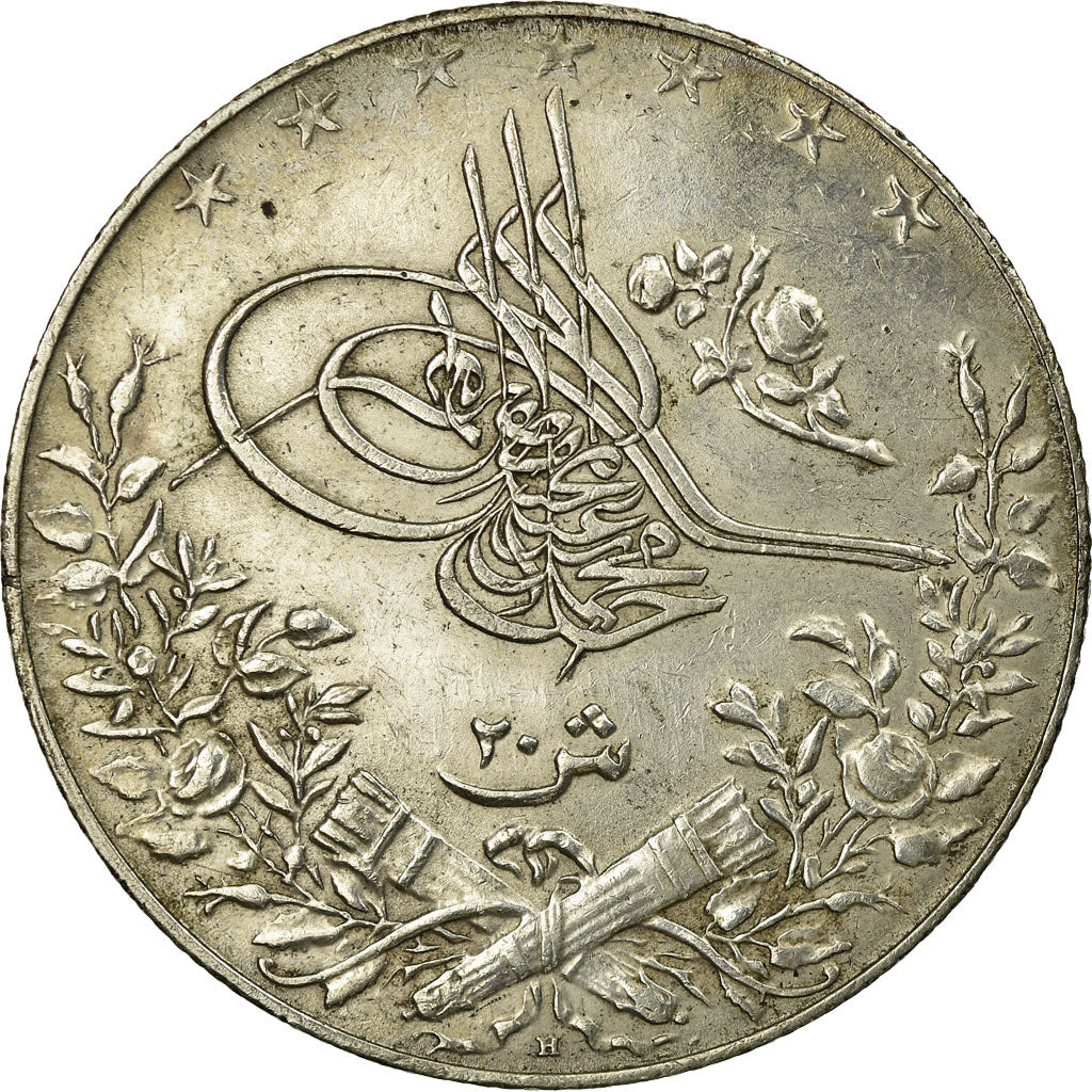 Coin, Egypt, Muhammad V, 20 Qirsh, 1913, Misr, AU(55-58), Silver, KM:310