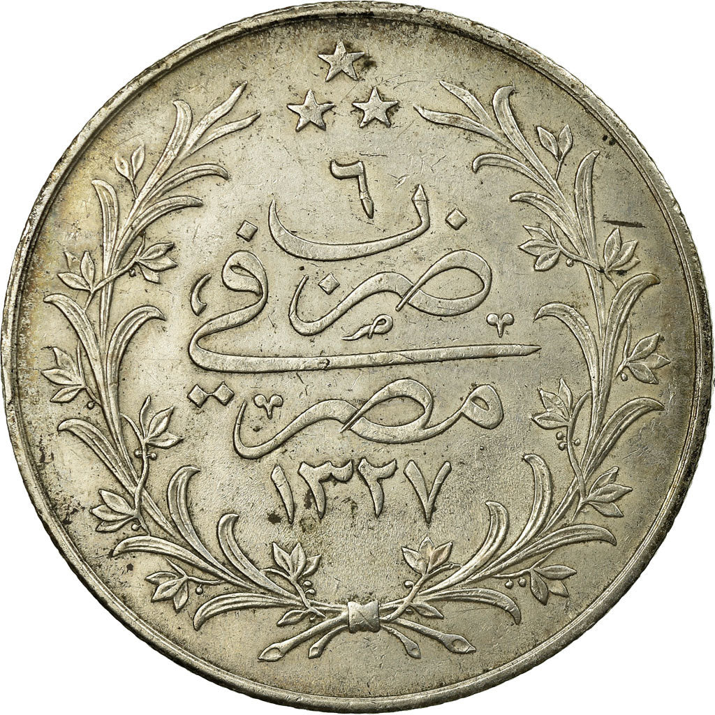 Coin, Egypt, Muhammad V, 20 Qirsh, 1913, Misr, AU(55-58), Silver, KM:310