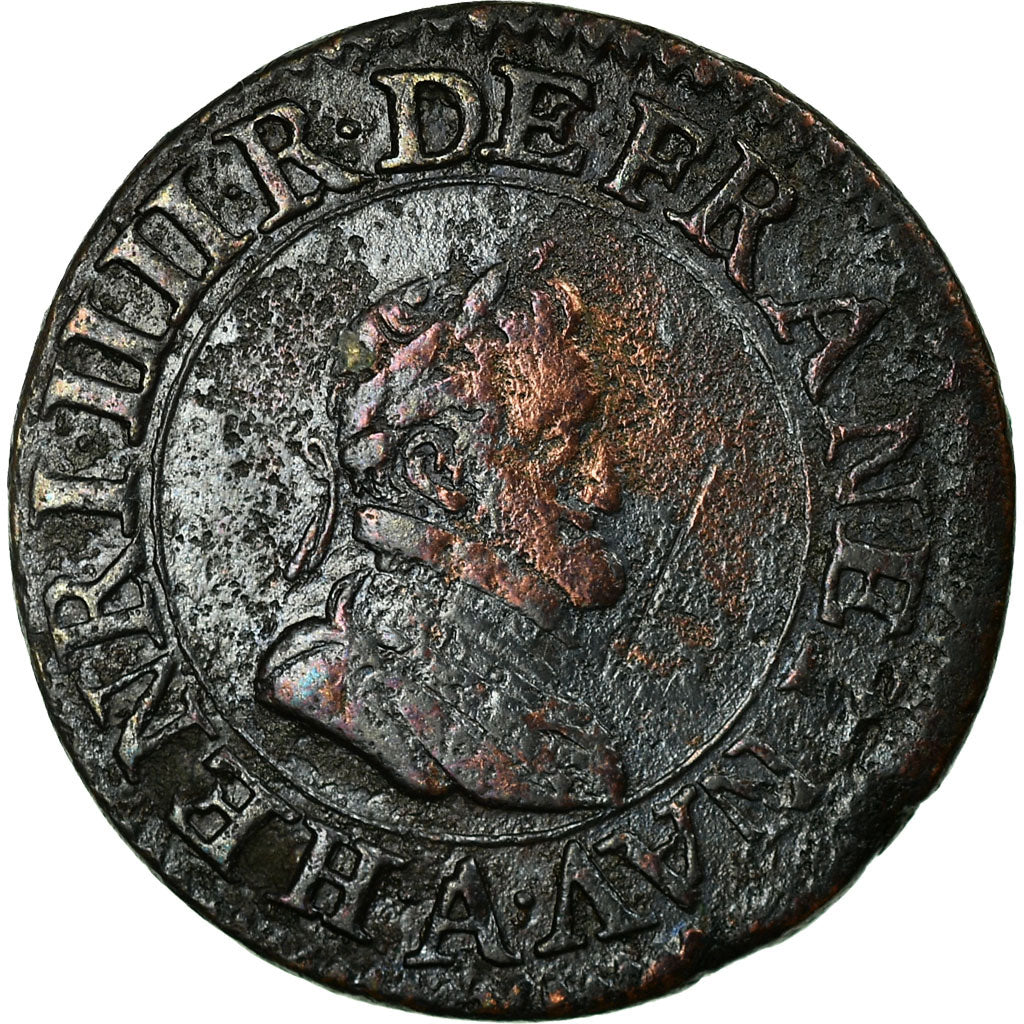 Moeda, França, Henri IV, Double Tournois, 1607, Paris, EF(40-45), Cobre