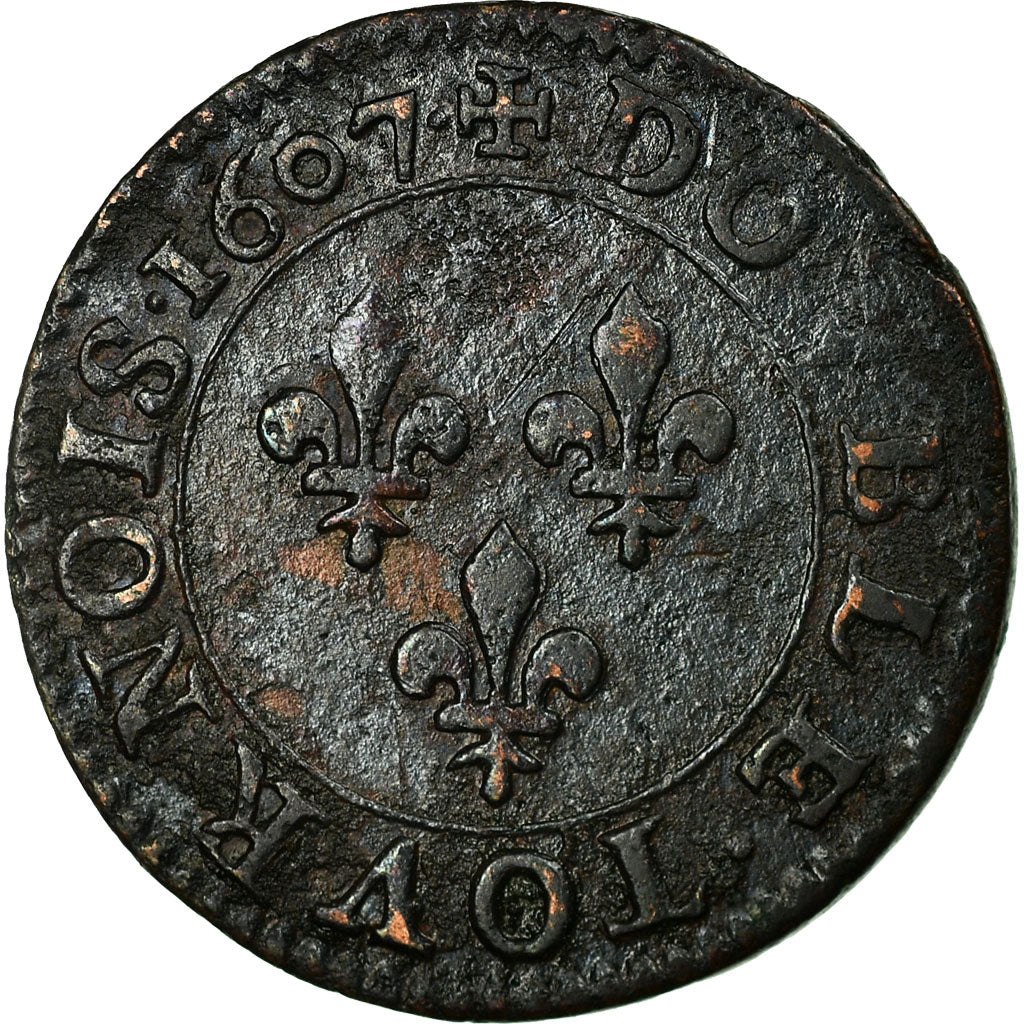 Moeda, França, Henri IV, Double Tournois, 1607, Paris, EF(40-45), Cobre