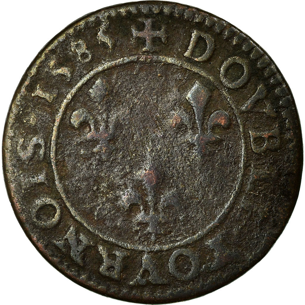 Moeda, França, Double Tournois, 1585, Paris, F(12-15), Cobre, Sombart:4068