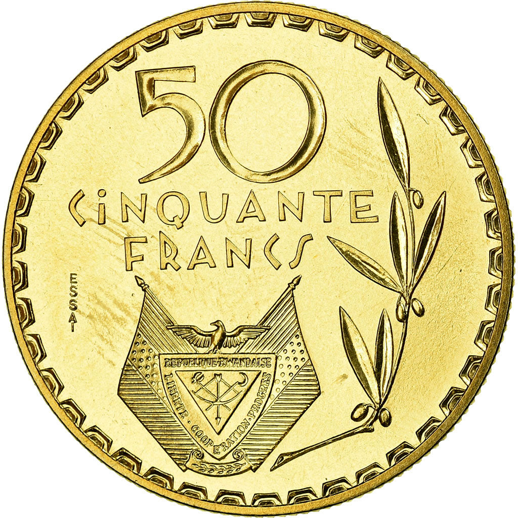 Coin, Rwanda, 50 Francs, 1977, Paris, ESSAI, MS(63), Brass, KM:E7