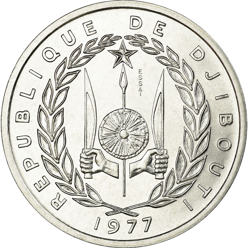 Coin, Djibouti, 5 Francs, 1977, ESSAI, MS(63), Aluminium, KM:E3