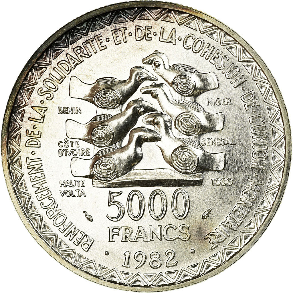 Coin, West African States, 5000 Francs, 1982, ESSAI, MS(60-62), Silver, KM:E13