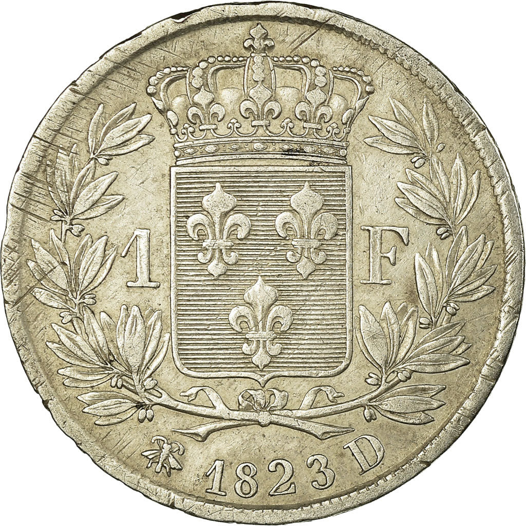 Coin, France, Louis XVIII, Franc, 1823, Lyon, EF(40-45), Silver