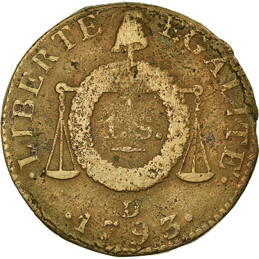 Münze, Frankreich, Sol aux balances françoise, Sol, 1793, Lyon, SGE+, Bronze