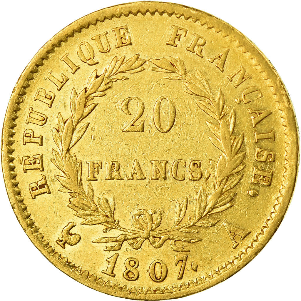 Moeda, França, Napoléon I, 20 Francs, 1807, Paris, AU(50-53), Dourado