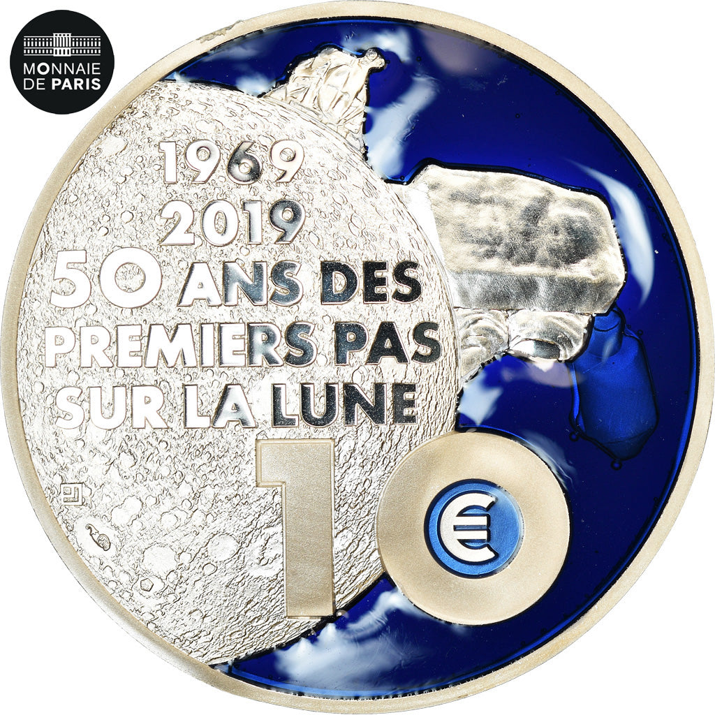 Francia, 10 Euro, PREMIER PAS SUR LA LUNE, 2019, FDC, Argento