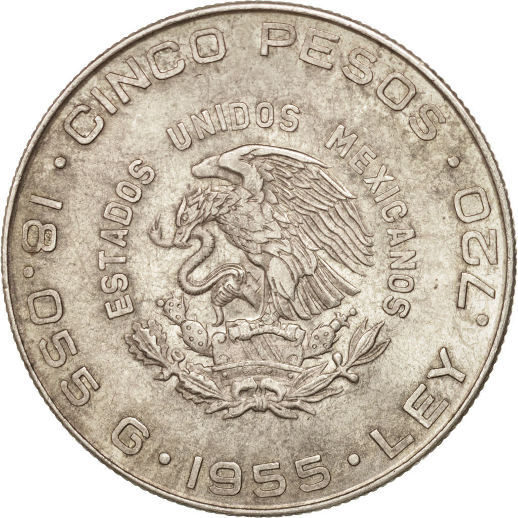 Mexico, 5 Pesos, 1955, Mexico City, Silver, Hidalgo, KM:469