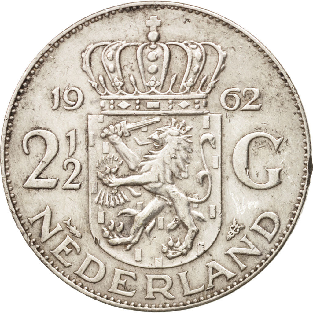 Coin, Netherlands, Juliana, 2-1/2 Gulden, 1962, EF(40-45), Silver, KM:185