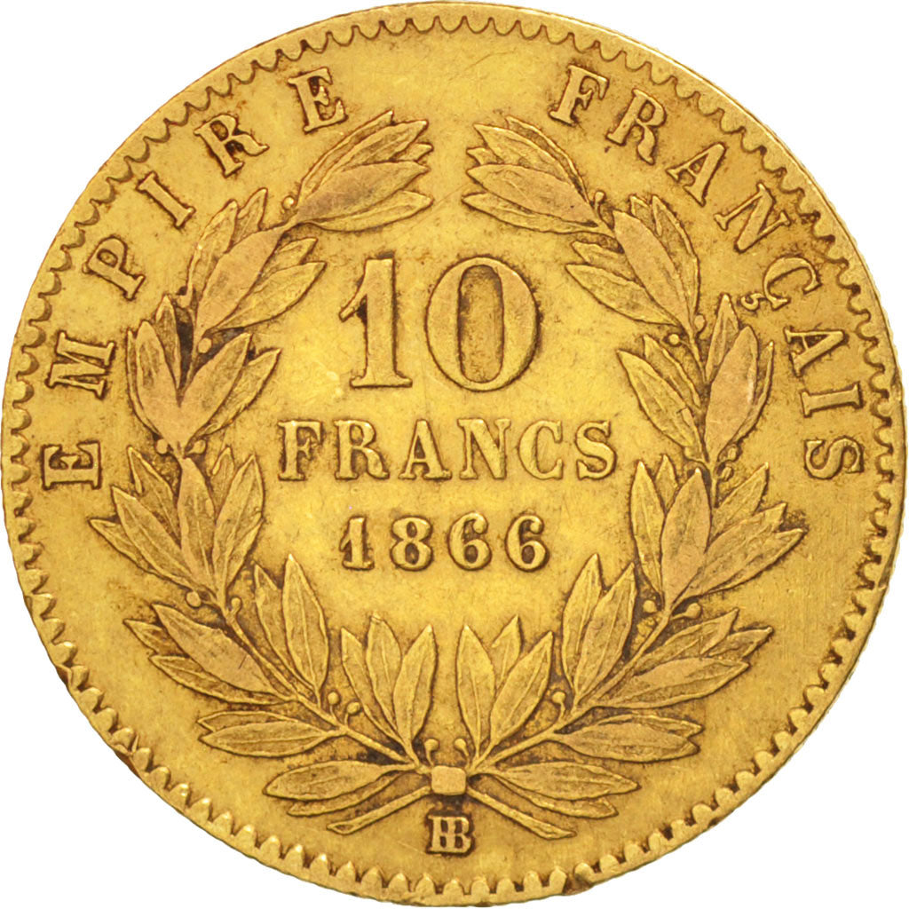 France, Napoleon III, 10 Francs, 1866 BB, Strasbourg, Gold, KM:800.2