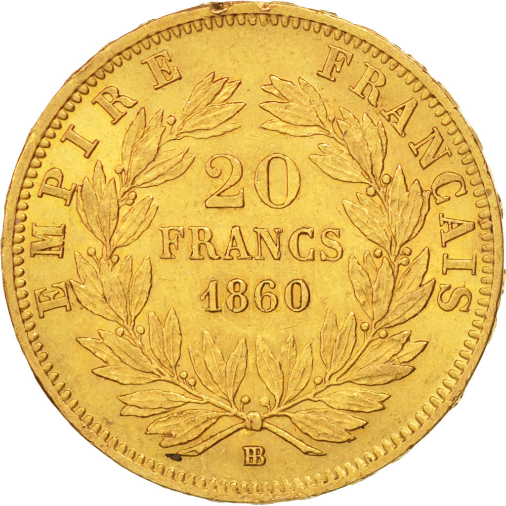 France, Napoleon III, 20 Francs, 1860 BB, Strasbourg, Gold, KM:781.2
