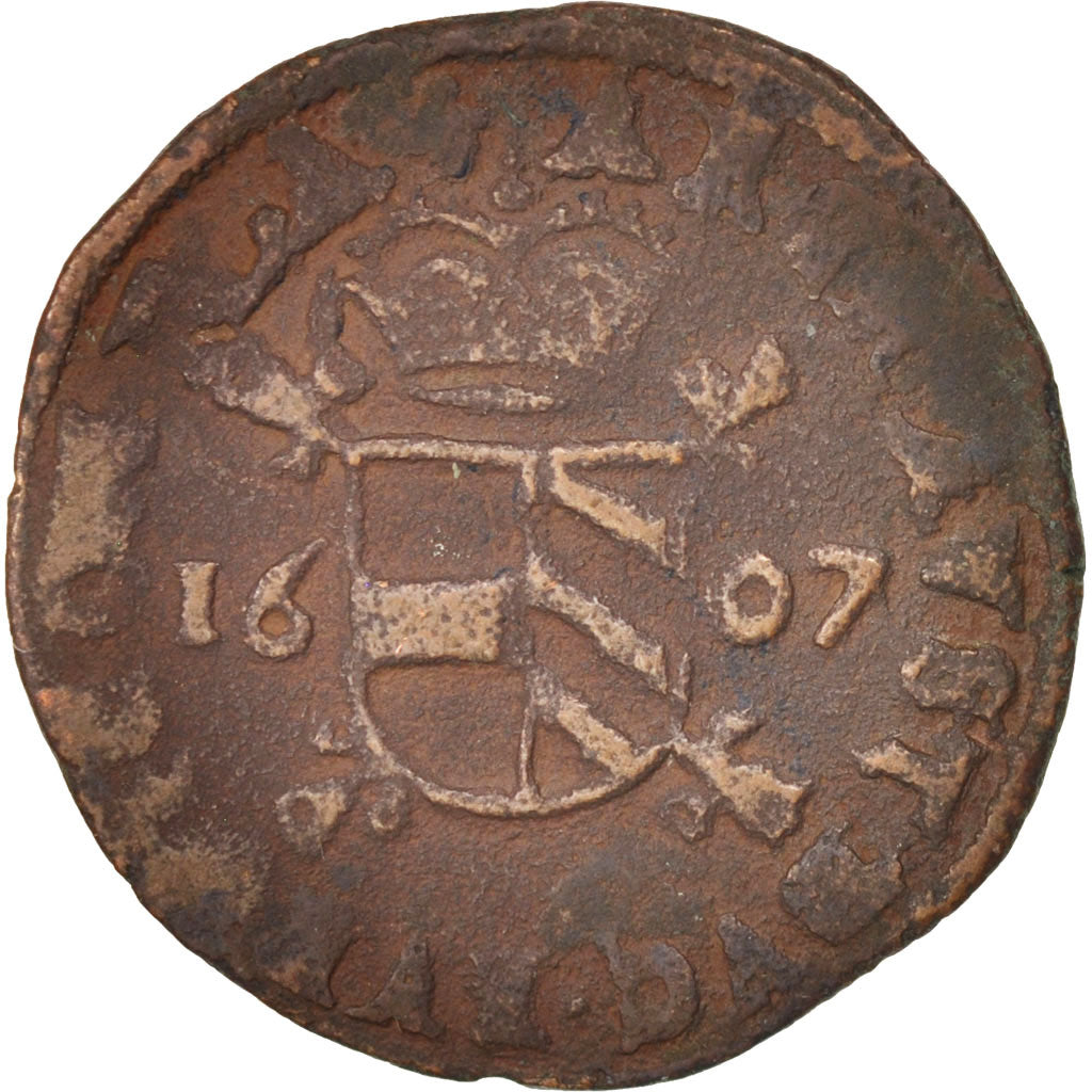 Coin, Spanish Netherlands, TOURNAI, 2 Denier, 1607, Tournai, VF(20-25), Copper